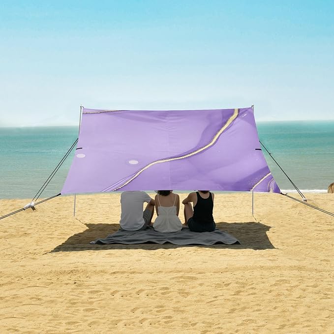 Beach Canopy with Windproof Ropes &amp Sandbags Beach Tent Sun Shade Sun Shelter for Camping Trips Fishing Backyard Fun or Picnics Purple Texture