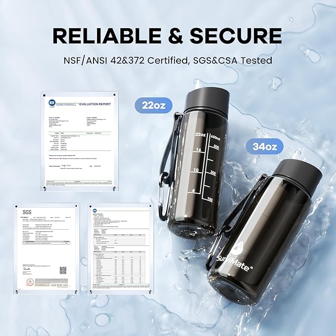 Survimate 5-Stage 0.01μm Ultra-Filtration Filtered Water Bottle BPA-Free Material NSF/ANSI 42&amp372 Certified Portable Water Filter Bottle for Survival Camping Hiking and Emergency Use