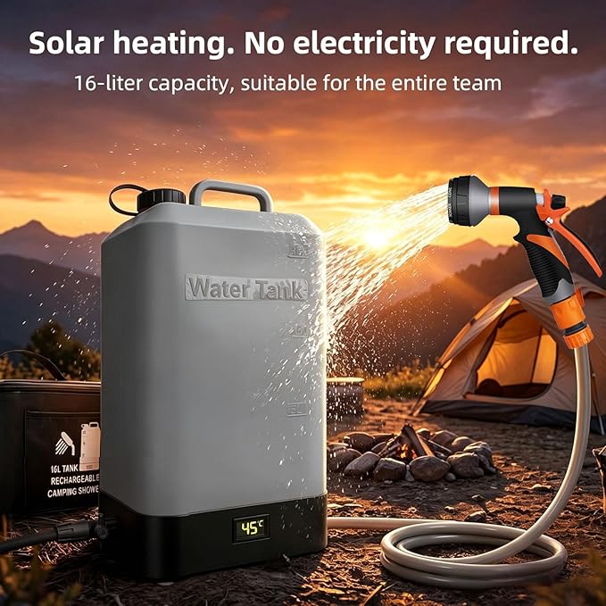 4.5 gallon/16L Silicone Water TankPortable Outdoor ShowerElectric Shower8 Types of Multifunctional Shower HeadsUsing Solar Heating Temperature DisplaySuitable for CampingBeachand Hiking
