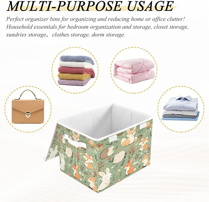 Woodland Animal Storage Box with Lid and Handles Large Collapsible Fabric Storage Basket Closet Organizer Bin Woodland Animal Basket for Nursery Bedroom Office