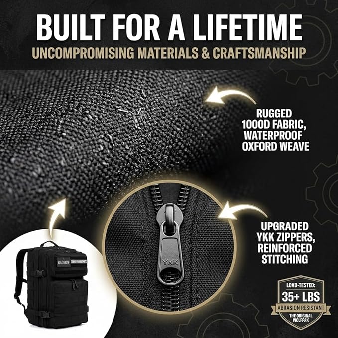 WOLFpak 35L Tactical Gym Backpack (Alpha Black) Durable 1000D Waterproof Oxford Material with MOLLE Webbing Laptop Pocket &amp Dual Cup Holders Durable Fitness/Travel/Military Daypack