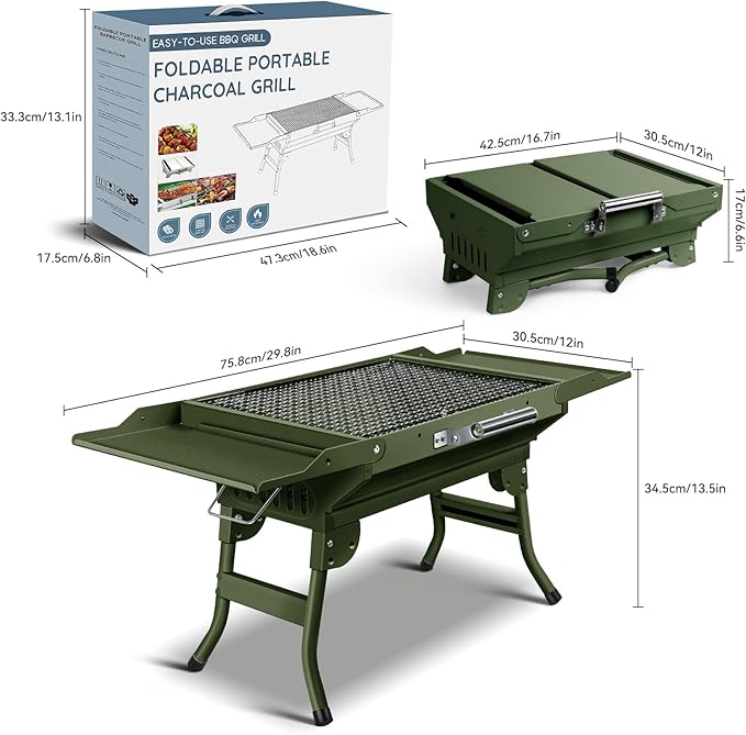Portable Charcoal Grill Foldable Grills BBQ Grill Charcoal Small Grill for Travel Camping Outdoor Cooking Backyard Hiking Patio Garden Picnics Green
