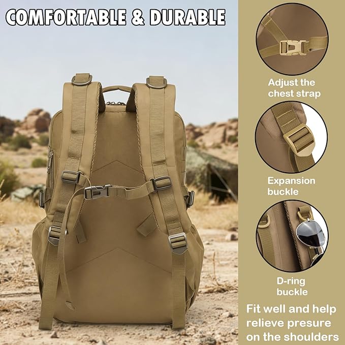 Military Tactical Backpack for Men Multi-Functional Assault Backpack MOLLE with Water Bottle Holder for Outdoor Adventures Khaki
