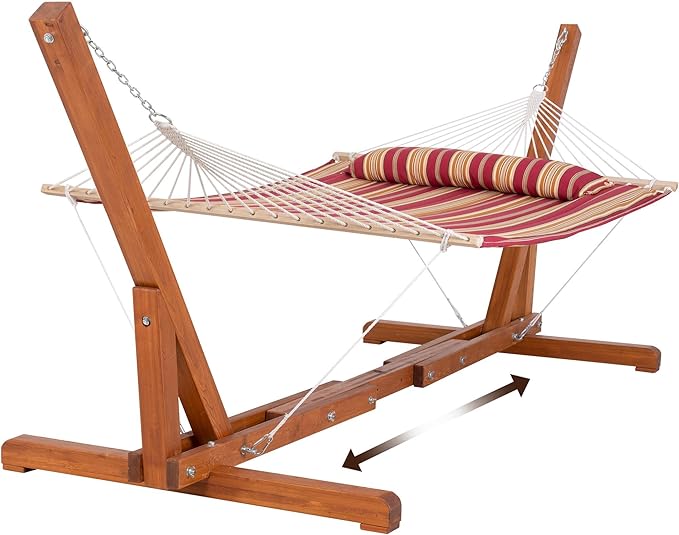 SUNCREAT Outdoor Hammock with Stand Two Person Quilted Fabric Hammock Swing with Adjustable Wooden Stand Red Stripes
