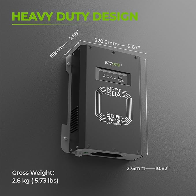 50 Amp MPPT Solar Charge Controller 12/24V Auto Detection Commercial Grade Multi-Charging Modes with Reverse Polarity Protection for Home and RV Use