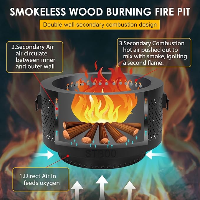 STBoo 24 Inch Smokeless Fire Pits for Outside with Portable Carrying Storage Bag Low Smoke Outdoor Fireplace for Bonfire Picnic Backyard on Beach Black XL