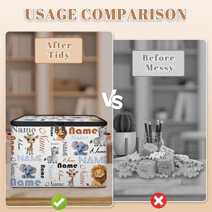 Custom Storage Bins with Zipper Lid Personalized Elephant Zebra Giraffe Lion Fabric Lidded Storage Baskets Boxes Foldable Cubes Clothes Organizer Container