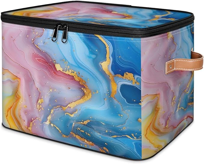 Storage Bins with Lids Attractive Marble Pattern Storage Basket Clothes Organizer with Handles Closet Storage Containers for Clothing Bedding Blanket