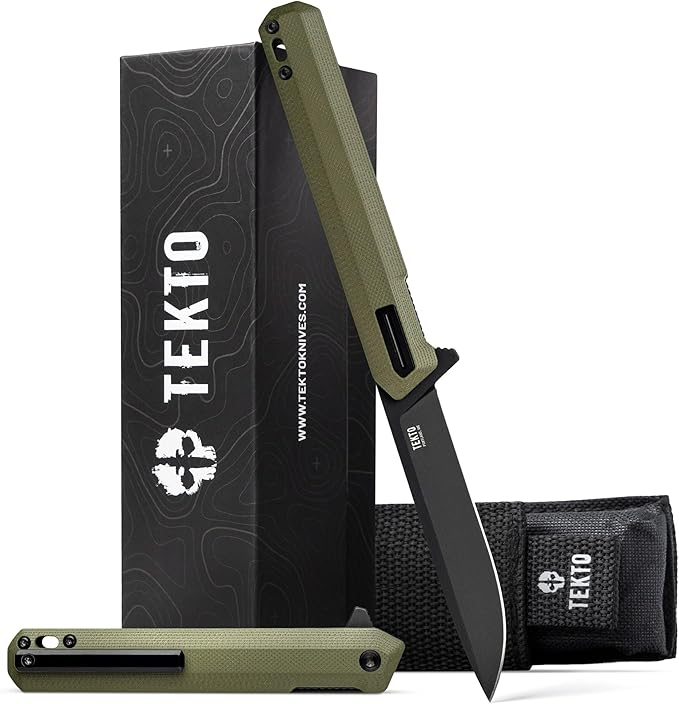 TEKTO F2 Bravo Folding Pocket Knife - D2 Steel Blade Ceramic Ball Bearings - EDC - Snap Swift Flip for Camping Backpacking - 2.4oz (68g) G10 OD Green Handle Black Titanium Accents