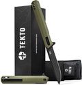 TEKTO F2 Bravo Folding Pocket Knife - D2 Steel Blade Ceramic Ball Bearings - EDC - Snap Swift Flip for Camping Backpacking - 2.4oz (68g) G10 OD Green Handle Black Titanium Accents