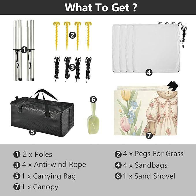 xigua Easter Bunny Beach Tent Sun Shelter with Carrying Bag - Silver Coated Oxford Fabric Beach Canopy for Beach Camping Fishing - Includes Windproof Ropes Sandbags &amp Stakes