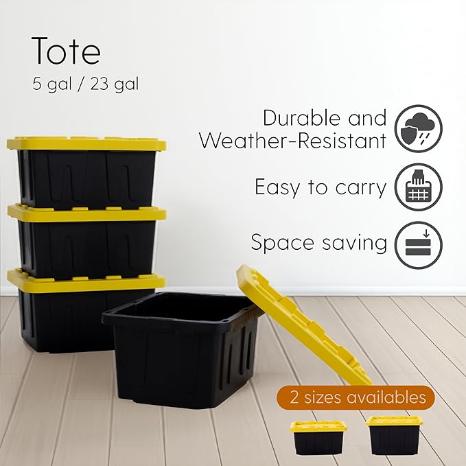 Plastic 23-Gallon Storage Tote with Lockable Lid Stackable Tough Regular-Duty Bin for Garage Tools and Home Organization (2-Pack) - Black and Yellow
