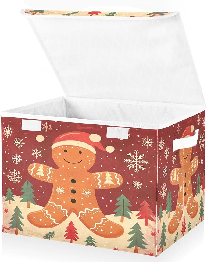 senya Christmas Baskets Collapsible Storage Bins with Lids Christmas Pattern Gingerbread Man Storage Boxes Clothes Baskets for Organizing
