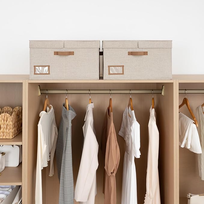 StorageWorks Large Clothes Storage Bins Fabric Boxes with Divider Board Baskets for Clothes Linen Closet Organizers with Lid Mixing of Brown &amp Beige 2-Pack