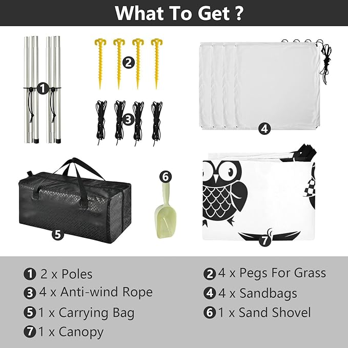 Beach Canopy with Windproof Ropes &amp Sandbags Beach Tent Sun Shade Sun Shelter for Camping Trips Fishing Backyard Fun or Picnics Owl