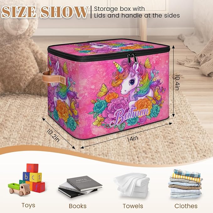 Storage-Bins with Lids Personalized Closet-Storage-Bins Under-Bed Stackable-Cubes-Box for Home Bedroom Unicorn Pink Floral