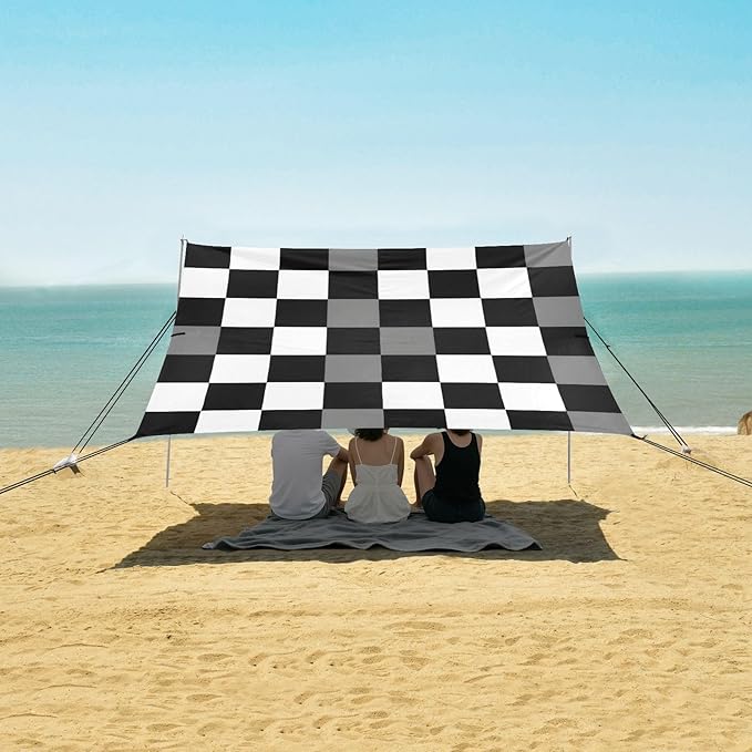 xigua Plaid Beach Tent Sun Shelter with Carrying Bag - Silver Coated Oxford Fabric Beach Canopy for Beach Camping Fishing - Includes Windproof Ropes Sandbags &amp Stakes
