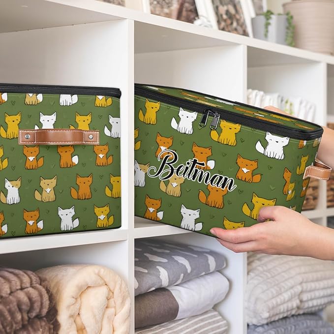 Storage-Bins with Lids Personalized Closet-Storage-Bins Under-Bed Stackable-Cubes-Box for Home Bedroom Fox Green