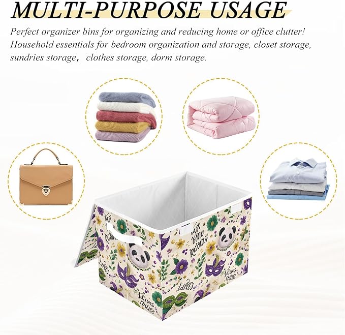 Mardi Gras Masks Leaves Beige Storage Box with Lid 1 PC Foldable Storage Bin with Lids Stackable Storage Bins Cube Closet Organizer Basket with Flip-Top Lid &amp Handles for Shoes Books Towels