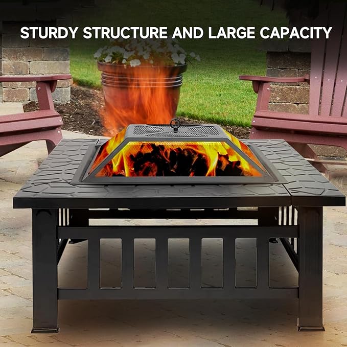 32 Fire Pit Table with Mesh Lid Wood Burning Fireplace/Firepit with Poker and Accessories