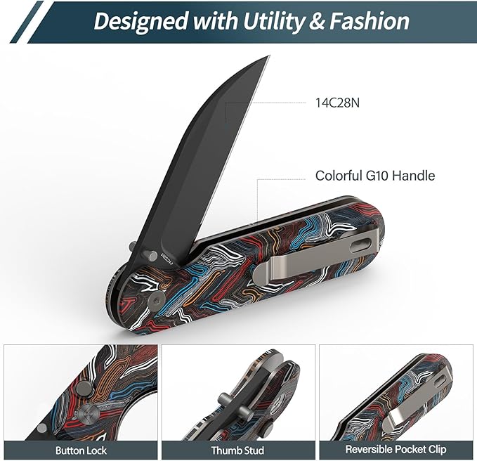 FINTISO Pocket Knife 3 14C28N Blade with Titanium EDC Knife with Colorful G10 Handle Perfect for Outdoor Camping Hunting Hiking Outdoor Activities Parrot Series