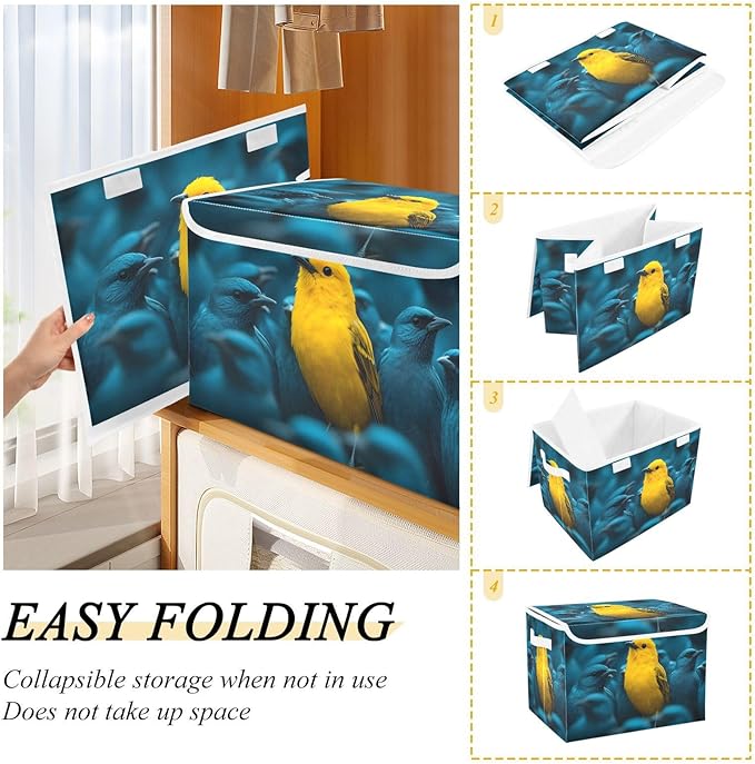AIXIWAWA Lidded Storage Cube (Bird Yellow) Fabric Foldable Closet Bins with Flip Lid and Handles Organizer Basket Container 16.5 x 12.6 x 11.8 IN