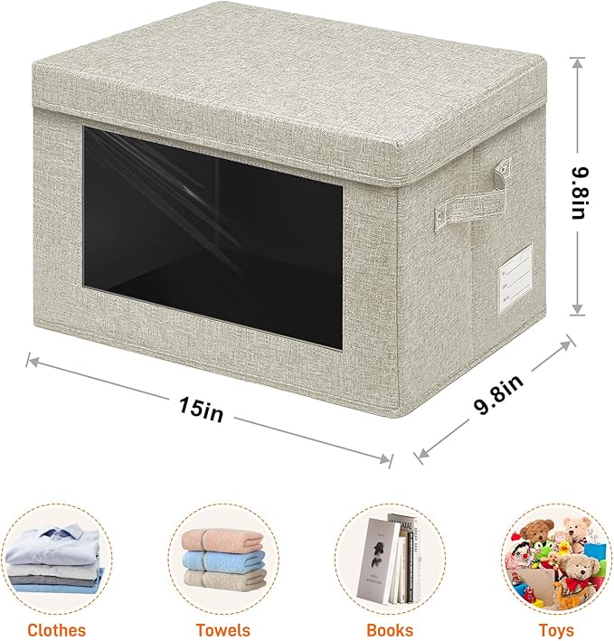 4-Pack Fabric Storage Bins with Lids Foldable Storage Boxes with Handles &amp Clear Window Closet Organizers for Clothes Books (Beige 4PCS/14.9 x 9.8 x 9.8 in)