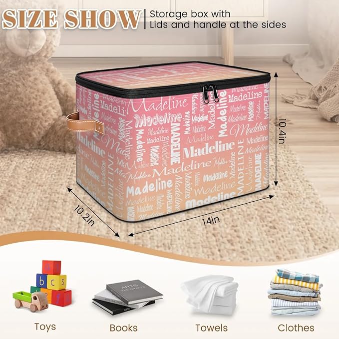 Custom Storage Basket with Name Personalized Keepsake Box with Zipper Lid Foldable Fabric Memory Bin Large capacity with Handle Pink Apricot