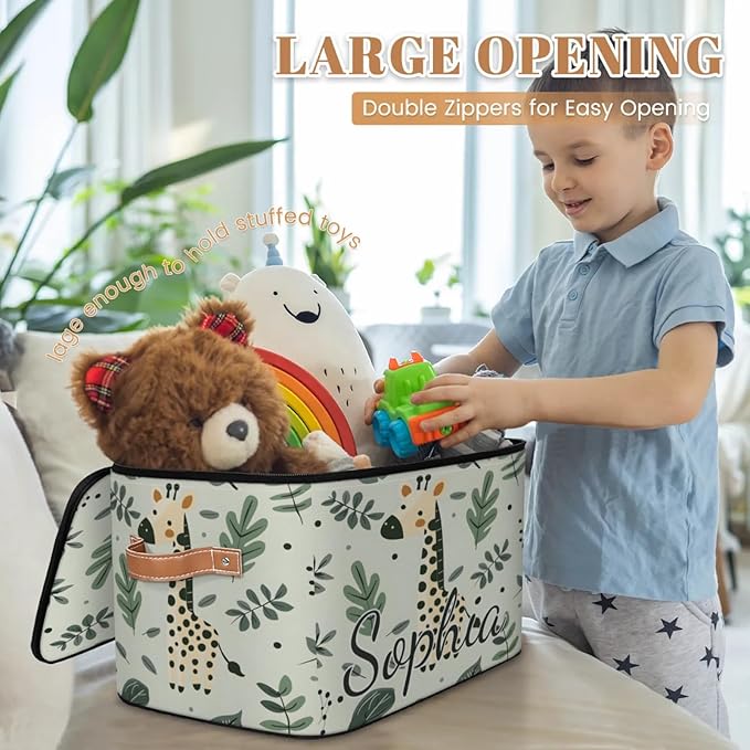 Custom Storage Basket with Name Personalized Storage Bins with Zipper Lid Foldable Fabric Storage Box Large capacity with Handle Giraffe Leaf