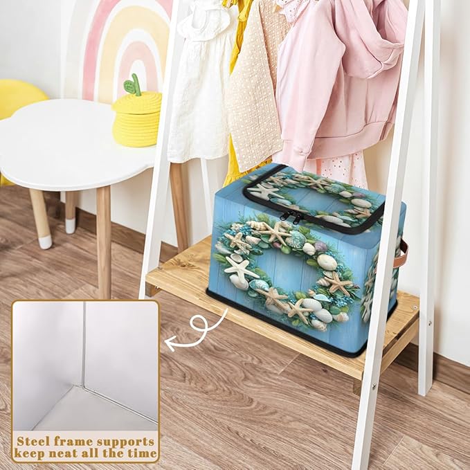Starfish Wreath Storage Bins with Zipper Lid Blue Wooden Fabric Lidded Storage Baskets Cubes with Handles Decorative Foldable Shelf Closet Organizer Container