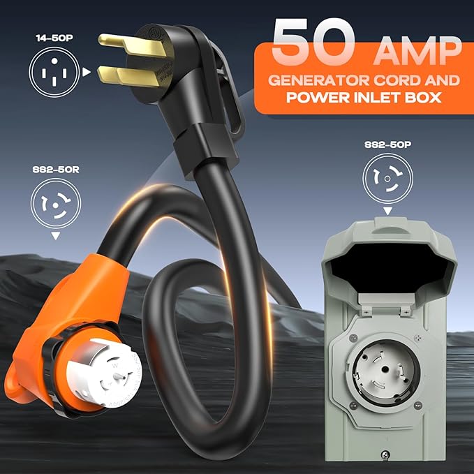 Rophor 50 Amp Generator Cord and Pre-Drilled Power Inlet Box 15FT Heavy Duty NEMA 14-50P to SS2-50R Extension Cord Twist Locking with Inlet Box 125/250V 12500W ETL Listed for Outdoor Emergency Kit
