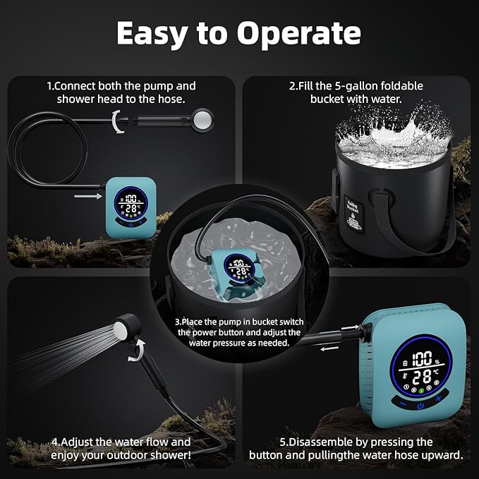 8000mAh Portable Camping Shower Upgrade Rechargeable Electric Shower Pump with 5 Gallon Bucket Intelligent LED DisplayPortable Shower for Outdoor