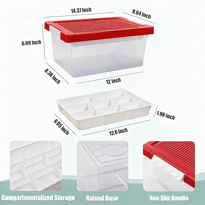 Toy Storage Organizer Bin for Lego Plastic Organizer Box with Removable Tray and Building Baseplate Lid Stackable Building Block Storage Craft Storage Container for Lego Art Toy Tool Sewing
