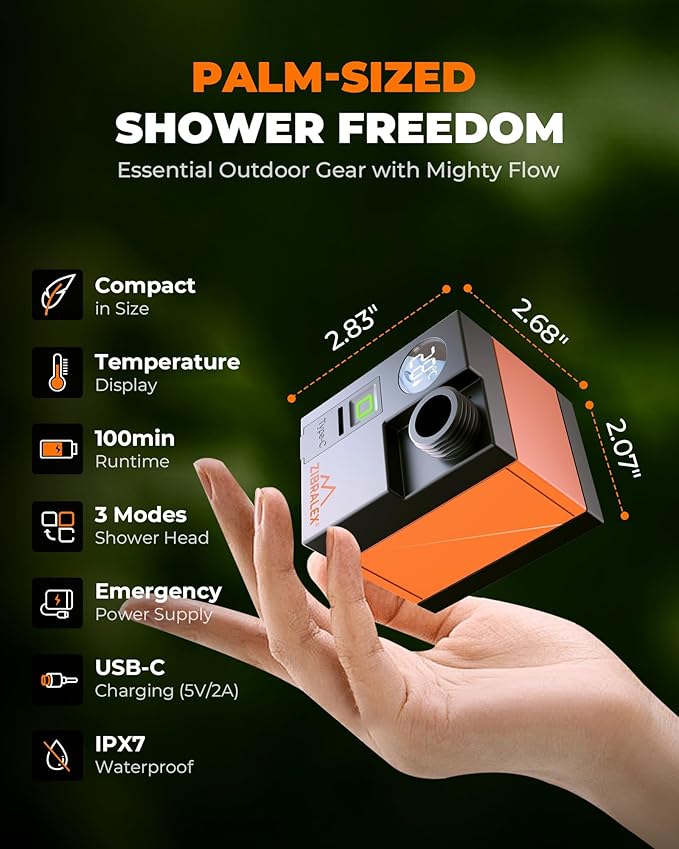 Portable Shower for Camping Compact Outdoor Shower with Temperature Display &amp EPS IPX7 Waterproof with 3-Mode Head Rechargeable Shower Pump for Hiking Beach Pet RV &amp Camp Accessories