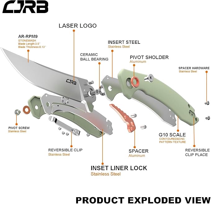 CJRB Small Folding Pocket Knife with Stonewash AR-RPM9 Steel Blade and G10 Handle Tactical Knife for Men Womens EDC Outdoor Survival Camping Hunting Hiking Gobi(J1906) Natural Green