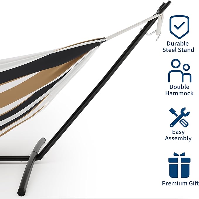 Double Cotton Hammock with Steel Stand for Outside Brazilian Style 450lbs Capacity Portable Indoor Outdoor Lounger with Carry Bag 2-Person Capacity Ideal for Backyard Garden Camping Brown