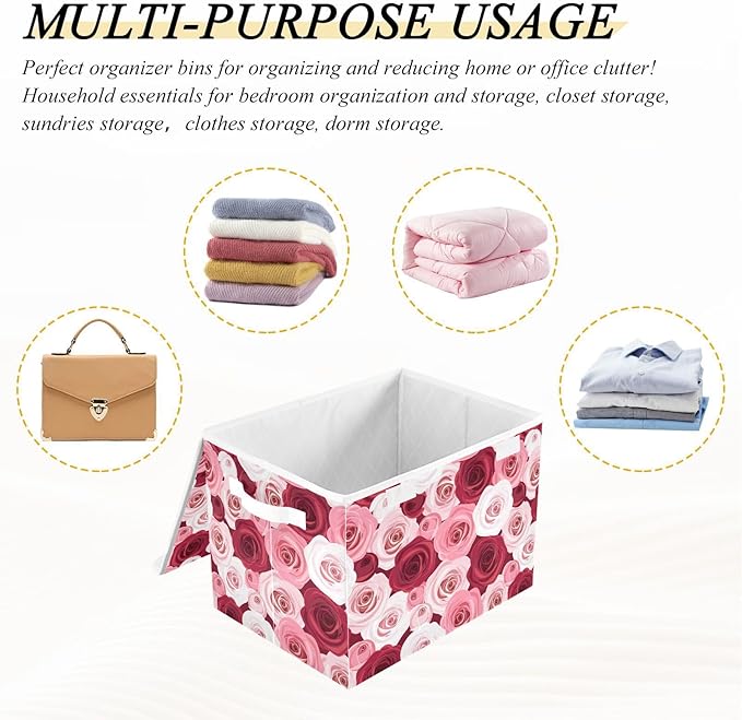 Red Pink Roses Print Lidded Home Storage Bins Closet Storage Bins Foldable Oxford Fabric Storage Box for Home Bedroom Closet Office (16.5x12.6x11.8 in)