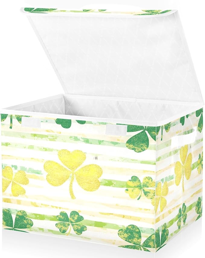 St. Patrick's Day Storage Baskets with Lids Shamrock Collapsible Bins Stackable Fabric Linen Baskets Closet Organizer Container 16.5x12.6x11.8