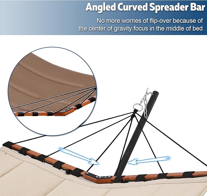 TegerDeger 12FT 2 Person Hammock with Stand Included 55 x 79IN Large Hammock 450LB Capacity with Hardwood Spreader Bar &amp Nylon Rope for Outside Patio Garden Backyard Beach Poolside - Brown