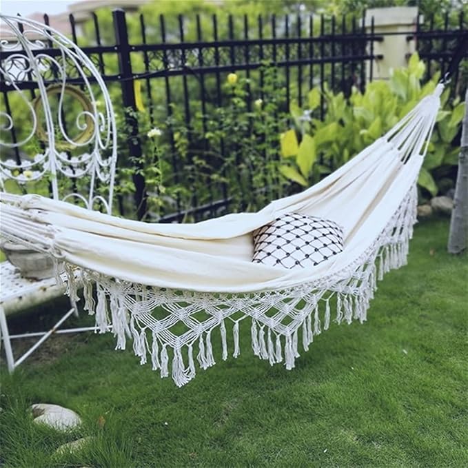 Portable Hammock Portable Hammock Can Bear 150kg Cotton Fabric Swing for Patio Porch Garden Backyard Use Tassel Hammocks for Backpacking Beach (Color : White Size : 240 * 150cm)