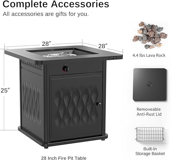 EAST OAK 28'' Propane Fire Pit Table 50000 BTU Steel Gas FirePit for Outdoor Outside Patio Deck and Garden CSA Certified Fire Table with Magnetic Lid Cover-Storage Basket and Lava Rock  Black