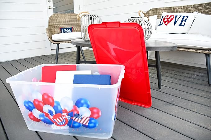 58 QT Stackable Plastic Storage Bins with Lids 4-Pack Large Clear Storage Bins for Organizing Garage Closet Durable Nestable Containers Made in USA