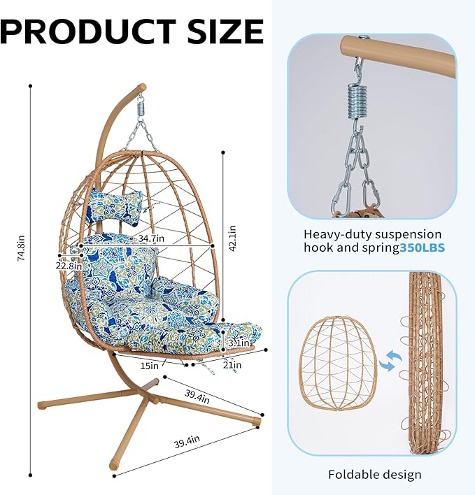Hanging Egg Chair with Stand Outdoor Indoor Patio Rattan Swing Hammock Chairs with Washable Cushion PE Wicker Swing Chair for Backyard Bedroom Garden (Yellow + Floral Cushion with Footrest)