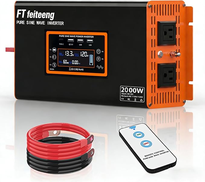 2000W Pure Sine Wave Power Inverter Car Power Inverter 12V to 120V AC Converter with Remote Cable LCD Display 2AC+3USB Type-C Port Surge 4000W for Camping Emergency Vehicles Truck RV