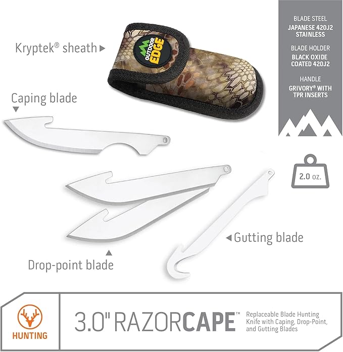 OUTDOOR EDGE 3 RazorCape Pocket Knife with Replaceable Blades and Clip. The Perfect Folding Compact Hunting Knife for Caping &amp Skinning Deer. (Orange)