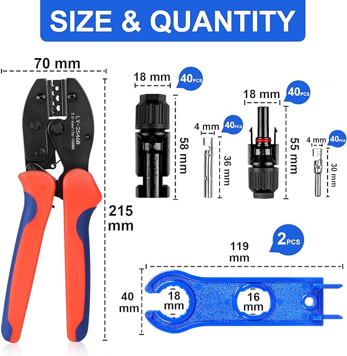 20 Pairs Solar Panel Connectors Kit with Crimper Tool - Professional Connectors Set Includes Crimping Pliers 2 Wrenches &amp 40 PCS Male/Female Wiring Kits for Solar Systems Installation