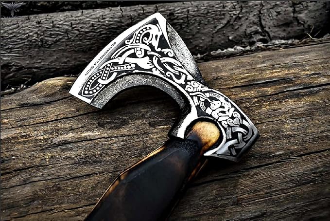 Custom Gift Forged Carbon Steel Viking Axe with Rose Wood Shaft Viking Bearded Camping Axe &amp Hatchet Best Birthday Gift for Him 18 Inches (Medieval Axe)
