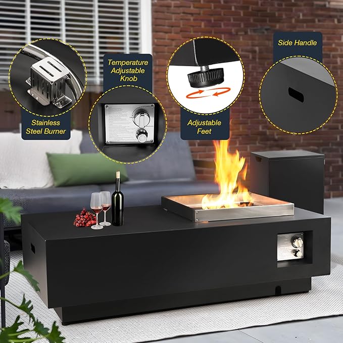 48 Modern Steel Fire Pit Table Set – Low-Profile Propane Gas Fire Table with Tank Cover 50000 BTU for Contemporary Patios &amp Decks