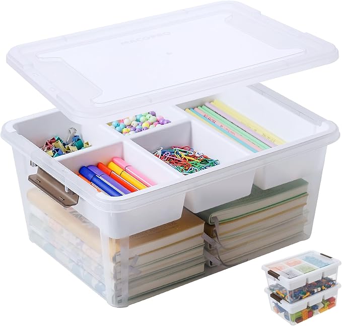 MACOPRO 17 QT Plastic Storage Box with Removable Tray Bins with Lids Clear Storage Container for Craft Supplies Beads Tools Sewing and Playdoh Organization (White 1Pack-17QT)
