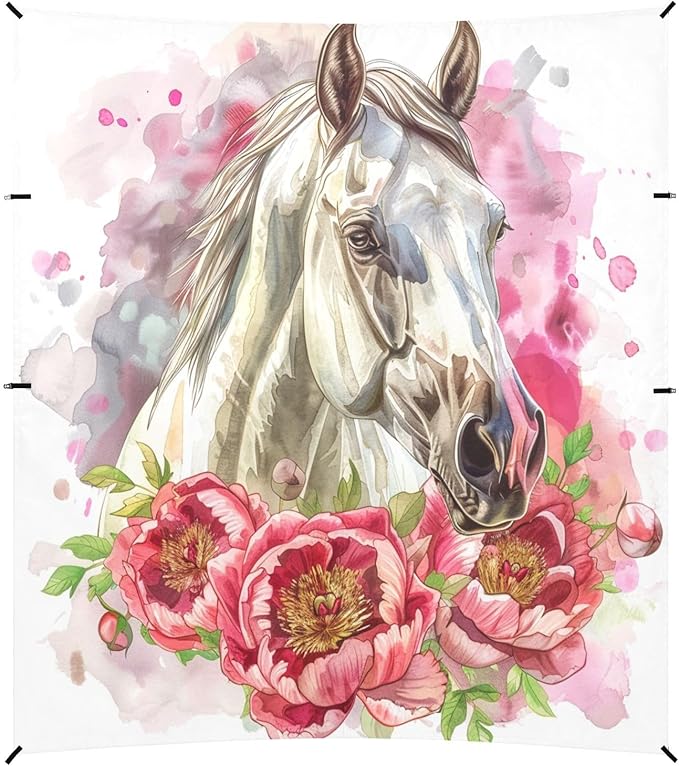 ALAZA Horse Portrait Peony Flower Beach Tent Sun Shelter UPF50+ Protection Beach Shade Canopy w/ 4 Sandbags for Outdoor Camping Fishing Backyard Fun Picnic 10x9 ft